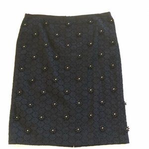 Talbots Navy Eyelet Skirt w/Gold Bead Flowers